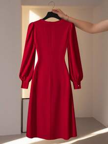 Franclia Vestido elegante de mujer de unicolor con cuello redondo, volantes y manga larga - Rojo - Ver 2