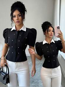 SHEIN Elenzya 优雅修身黑白撞色珍珠装饰开襟泡泡袖女式衬衫 - 黑色 - 查看 1