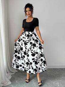 Elenzga Women's Elegant U-Neck Short Sleeve Solid Color Patchwork Floral Print A-Line Dress - Multicolor - View 8