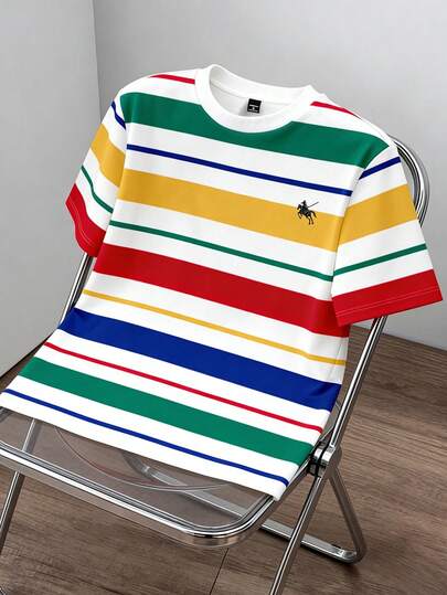 Manfinity Joysei Plus Size Men's Fashionable Colorful Striped Crew Neck Short Sleeve T-Shirt, Versatile For Daily Wear