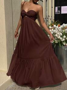 MainGRL 波西米亚风白色连衣裙，无肩带，适合春夏度假 - 棕色 - 查看 8