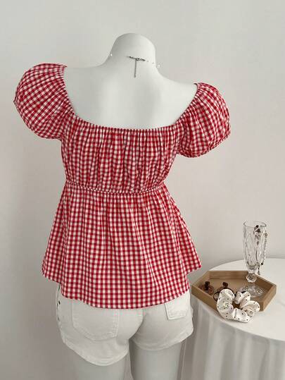 Elamini Blusa de mujer con cuello cuadrado, volantes y estampado floral rosa, estilo vacacional, campestre, top de verano, ropa de verano, vacaciones