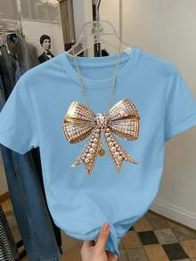 Resyla Women's Bow Print Short Sleeve Casual Versatile Round Neck T-Shirt - Blue - View 3