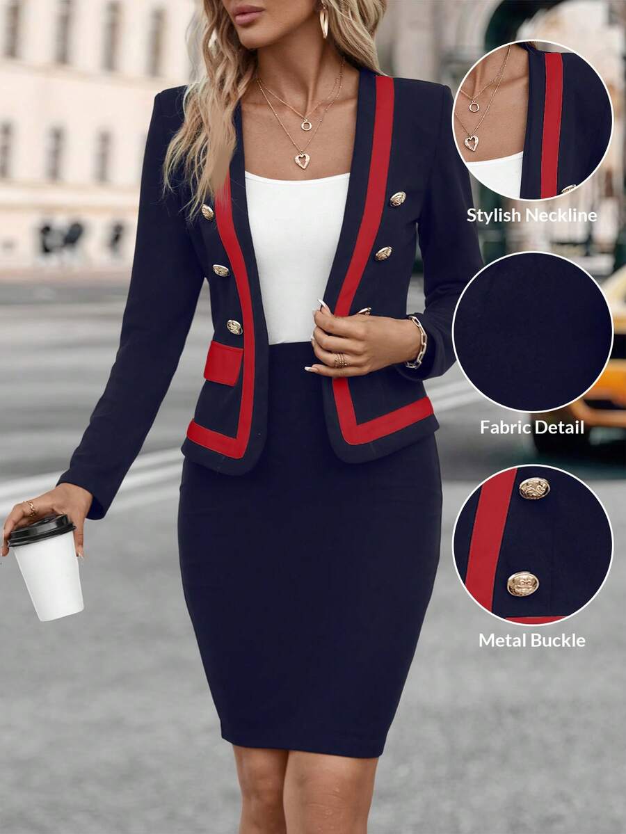 Editum Contrast Trim Button Detail Jacket & Bodycon Dress Black Two Pieces Set In Fall/Winter - Navy Blue - View 1