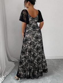 SHEIN Elenzya Women's Romantic, Ruffle Sleeve, Waist Pleated Slit Dress, Elegant For Party And Banquet Long Dress Lace Dress Long Lace Dress Curve Elegant Dress - Black - View 2
