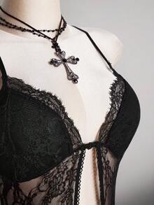 SHEIN ICON Plus Size Women's Retro Elegant Sexy Fashion Individual Millennial Style Y2K Dark Gothic Outfit Avant-Garde Bold Urban Modern Lace Patchwork Mesh Sheer Multi-Layered Ruffles Short In Front Long In Back Black Slim Fit Heavy-Duty Camisole - Black - View 7