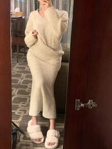 DAZY Women V-Neck Long Sleeve Cable Knit Twist Sweater & Skirt 2 Pieces Set - Beige - View 1