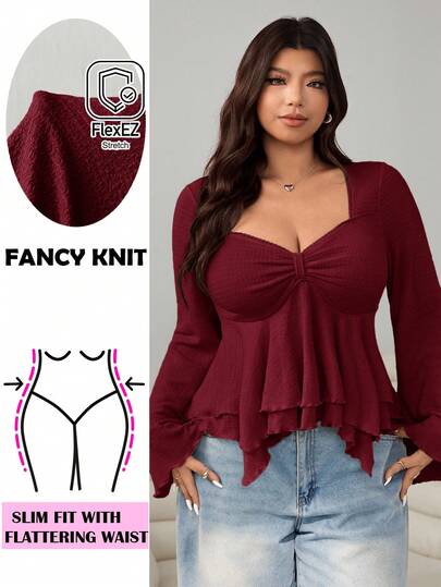 Solflare 2025 Otoño/Invierno Nueva Camiseta de Punto Texturizada de Manga Larga con Volantes y Lazo en el Busto, Uso Versátil para Uso Casual Diario, Fiesta, Cita, Vacaciones, Talla Grande, Color Burdeos