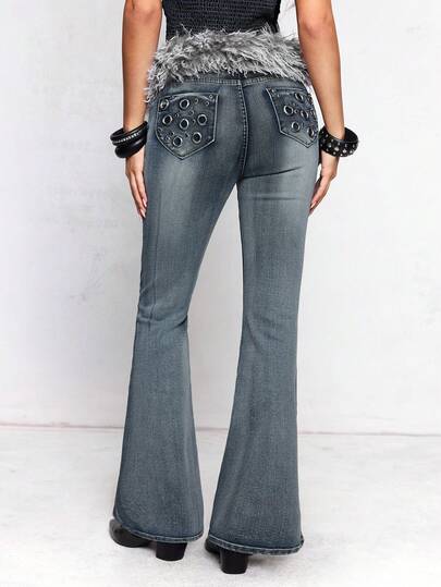 ROMWE Avant Jeans a vita alta in denim vintage con occhielli in metallo, colore blu chiaro