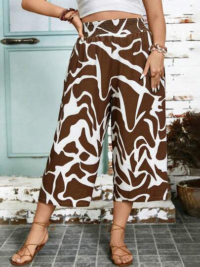 SHEIN 大码女式高腰宽松纯色阔腿裤，休闲及办公穿着