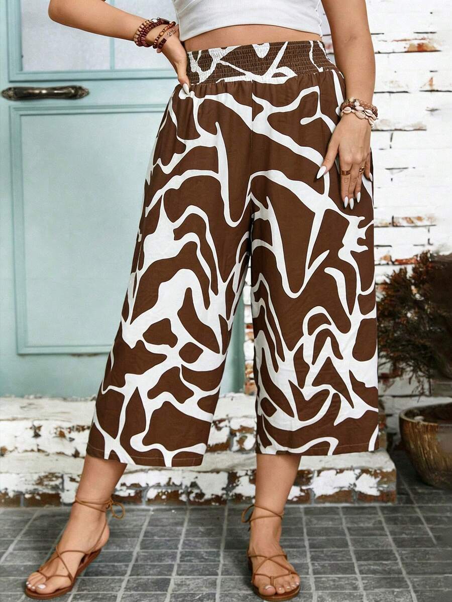 SHEIN Plus Size Women's Mid-Waist Loose Wide Leg Pants, Casual Commuter Trousers, Colorful Digital Print, Suitable For Summer Holiday - Multicolor - View 1