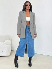 EURMUSE Blazer feminino casual/de trabalho de cor sólida com gola lapela e mangas compridas. - Cinza - Ver 8