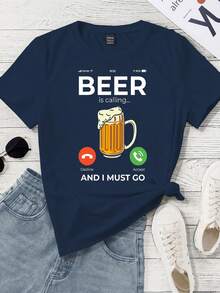 INAWLY Casual Crew Neck Short Sleeve Beer Festival Themed T-Shirt With Beer And Beer Slogan Graphic For Women Graphic Tees Women Tops - Navy Blue - View 1
