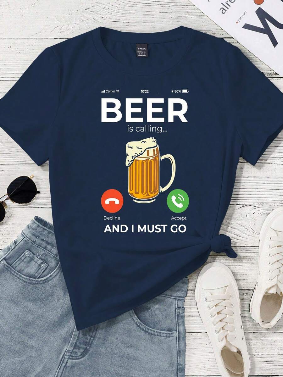 INAWLY Casual Crew Neck Short Sleeve Beer Festival Themed T-Shirt With Beer And Beer Slogan Graphic For Women Graphic Tees Women Tops - Navy Blue - View 1