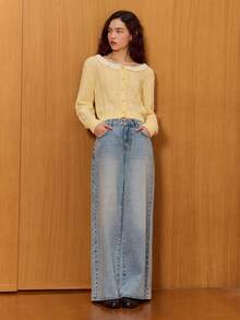 lacRébo 奶油黄色纹理针织开衫，带荷叶边蕾丝领和宝石纽扣 - 淡黃色 - 查看 5