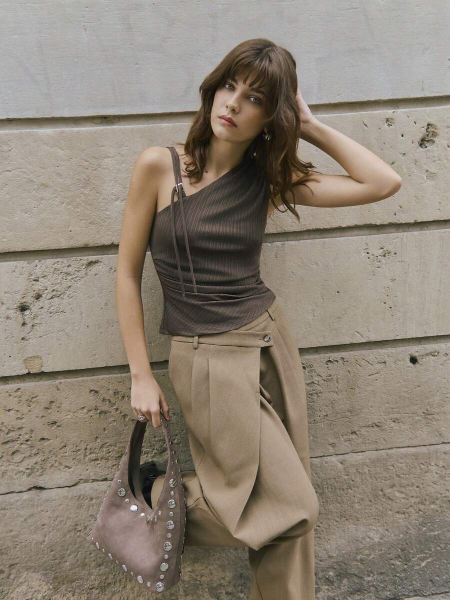 Nöista Dark Brown, One-Shoulder Ribbed Fitted Top Features A One-Shoulder Design And Delicate Metallic Embellishments, Making It Ideal For Layering Into Urban Looks And Sophisticated Casual Outfits During Winter/Spring. - Olive Green - View 1