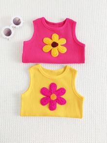 Cozy Pixies 2pcs Baby Girl Floral Print Soft Knit Sleeveless Crew Neck Vest Set - Multicolor - View 10