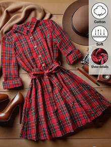 SHEIN Clasi Plus-Size Woven Women's Christmas Checkered Autumn Dress - Red - View 1