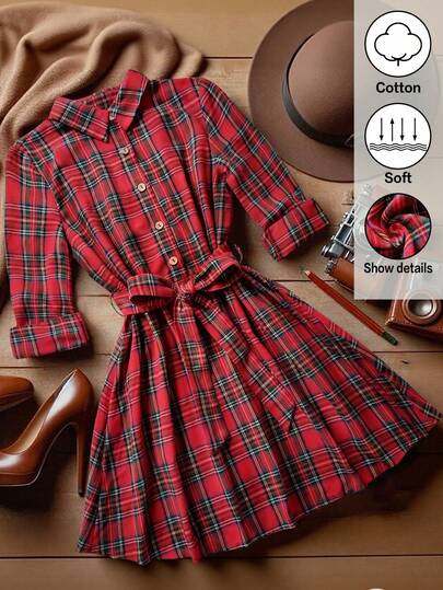 SHEIN Clasi Plus-Size Woven Women's Christmas Checkered Autumn Dress