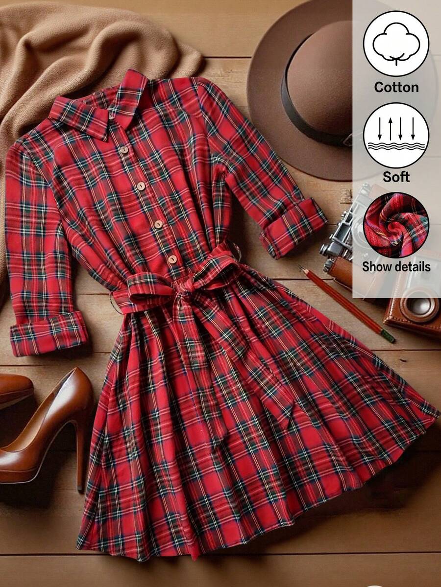 SHEIN Clasi Plus-Size Woven Women's Christmas Checkered Autumn Dress - Red - View 1