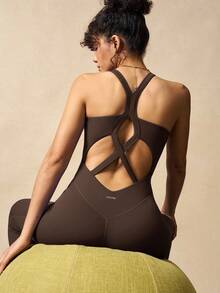 VARSIVA Women's Backless Criss-Cross Hollow Out Design Jumpsuit Brown Yoga Dress - Coffee Brown - View 8