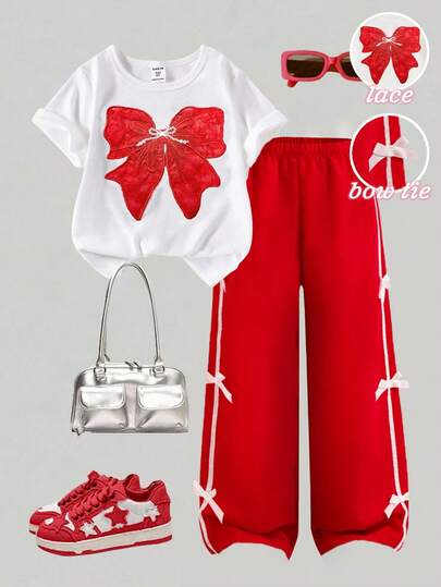 Genkimix Kids Tween Girls' Spring/Summer Back To School 2-Piece Set: Red Lace Bow & Pearl Embroidered Graphic Tee With Round Neck Short Sleeves, Paired With White Ribbed Trim Bow Accent Casual Pants, Suitable For Everyday, School, Vacation, Party Occasions