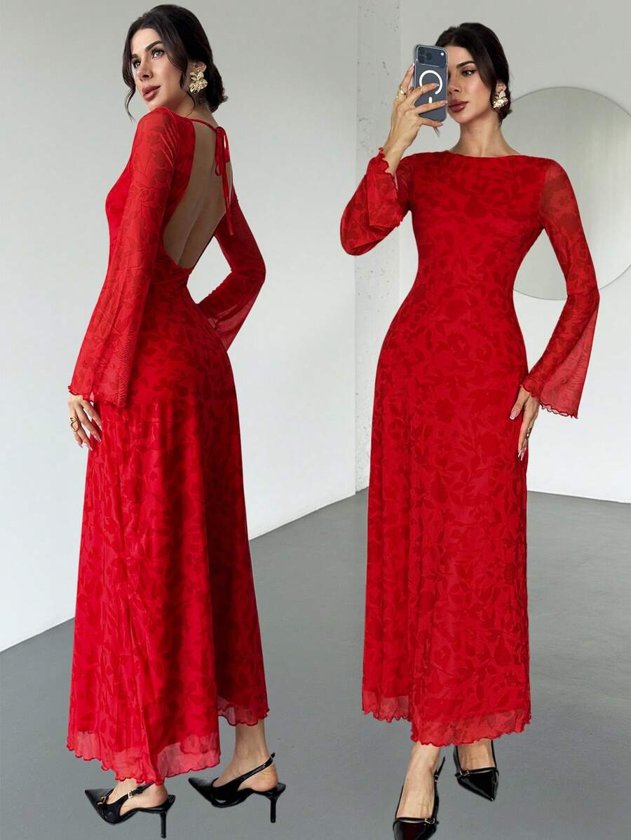 Firerie Women's Red Floral Backless Flare Sleeve A-Line Maxi Dress, Red Floral Maxi Dress, Sexy Backless Long Dress, Waist Cinched A-Line Long Dress, Flare Sleeve Maxi Dress, Red Holiday Dress, Suitable For Spring, Summer, Autumn, Winter, Elegant, Commute, Date, Party, Wedding, Graduation, Performance, Concert, Work, Back To School, Annual Party, Women's Birthday, Holiday - Multicolor - View 1