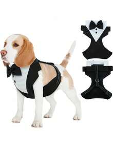 1 pieza Elegante traje de boda para mascotas con chaleco, corbata de moño, arnés y correa para perro para ceremonias, fiestas, celebraciones formales, Navidad, cumpleaños, sesiones de fotos y disfraces para mascotas - Blanco y Negro - Ver 2