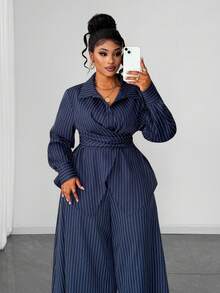 Maweii Plus Size Wrap-Around Retro 2 Pieces Set, Suitable For Commuting And Daily Wear, Women's Work Outfit,Casual Sets For Women - Navy Blue - View 5