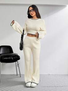 SHEIN PETITE Bộ 2 áo len thường ngày cho nữ kèm áo cổ tròn dài tay viền tương phản và quần dài, trang phục mùa thu cho nữ - Màu be - Xem 3