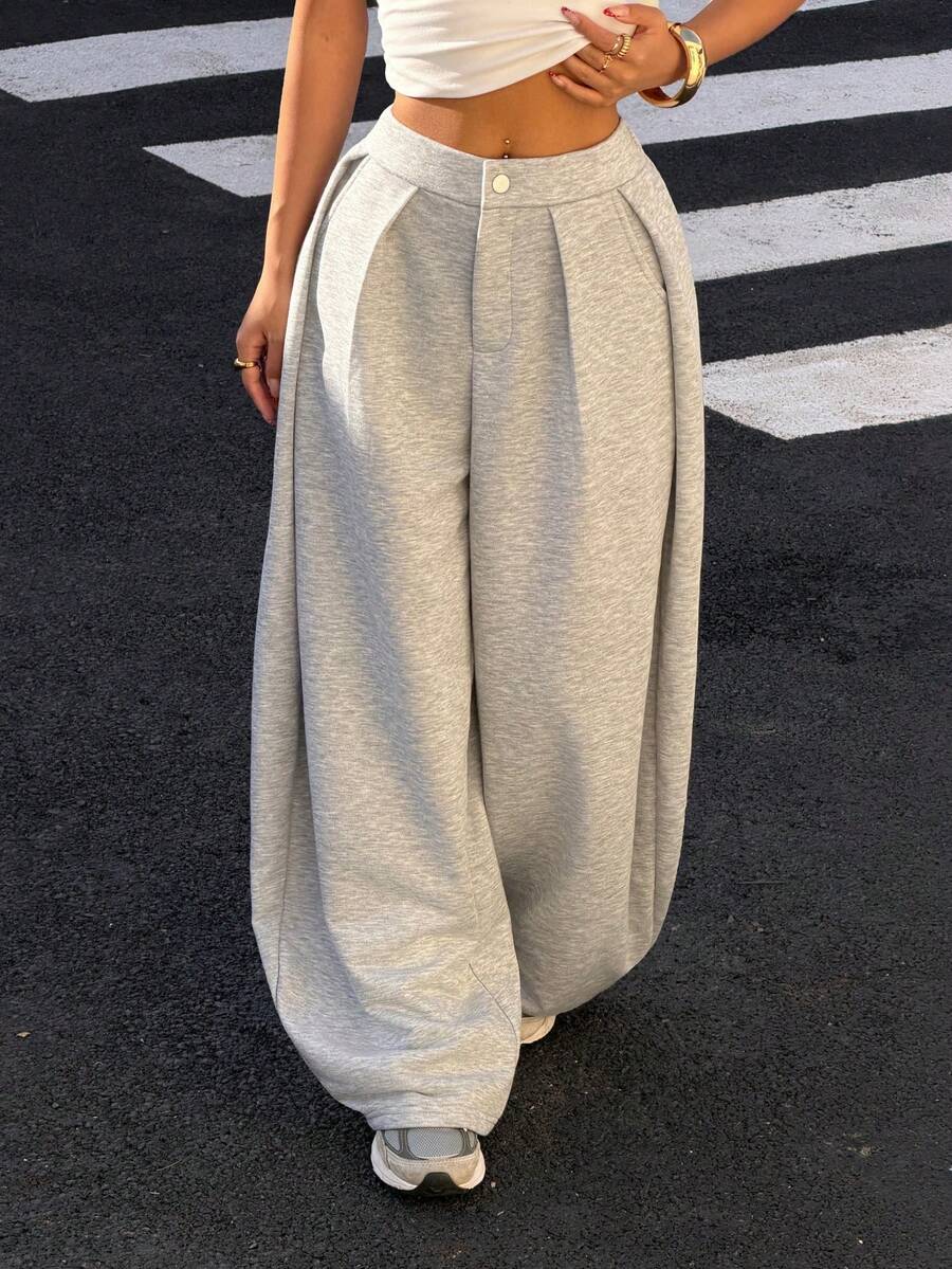Muchica Women's Fall/Winter Thermal Lined Street Style Basic Pleated Pants, Casual Gray Low-Waisted Loose Banana Pants - Grey - View 1