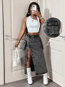 Slaydiva Women's Casual Denim Mini Skirt - Grey - View 1