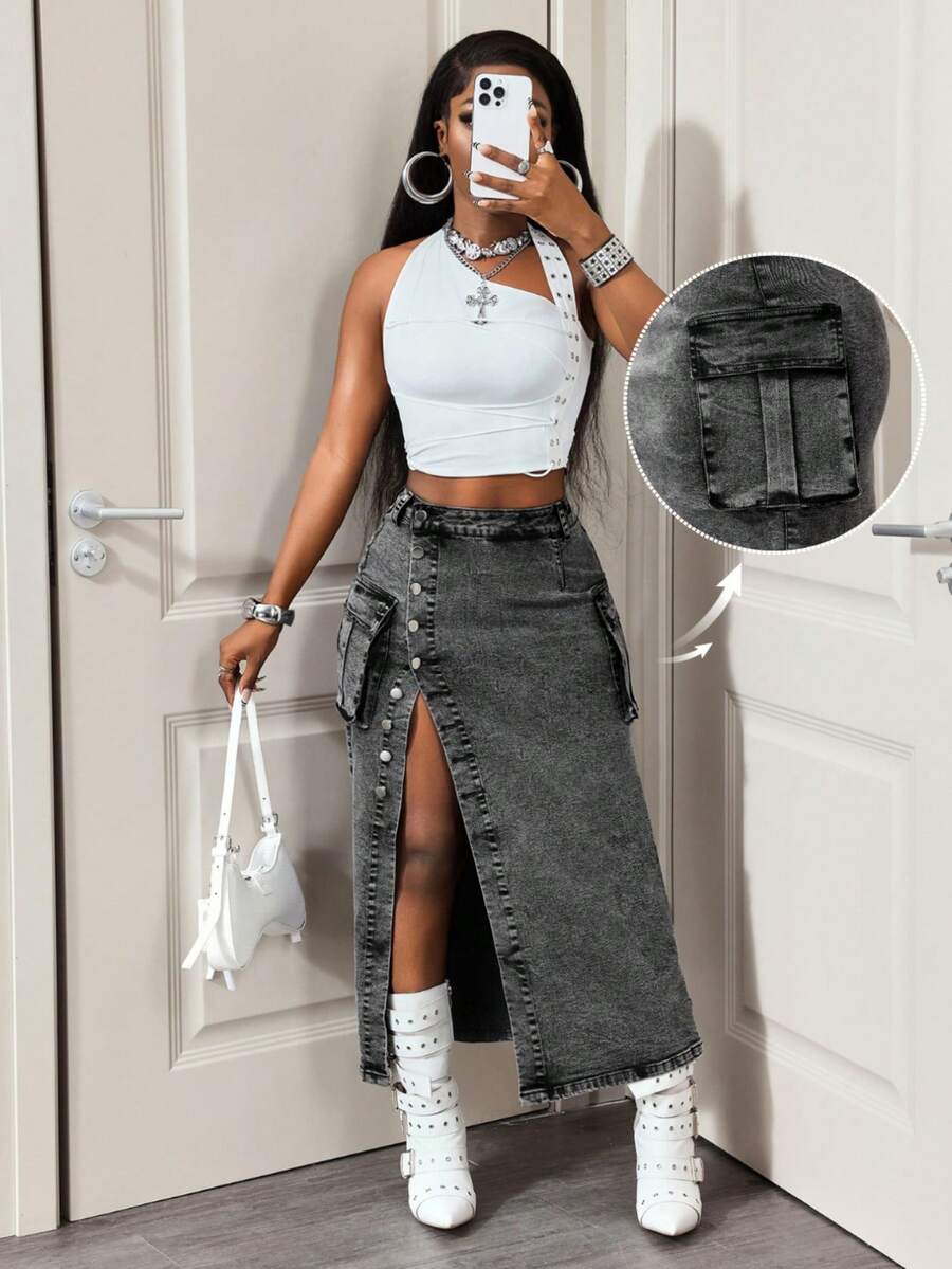 Slaydiva Women's Casual Denim Mini Skirt - Grey - View 1