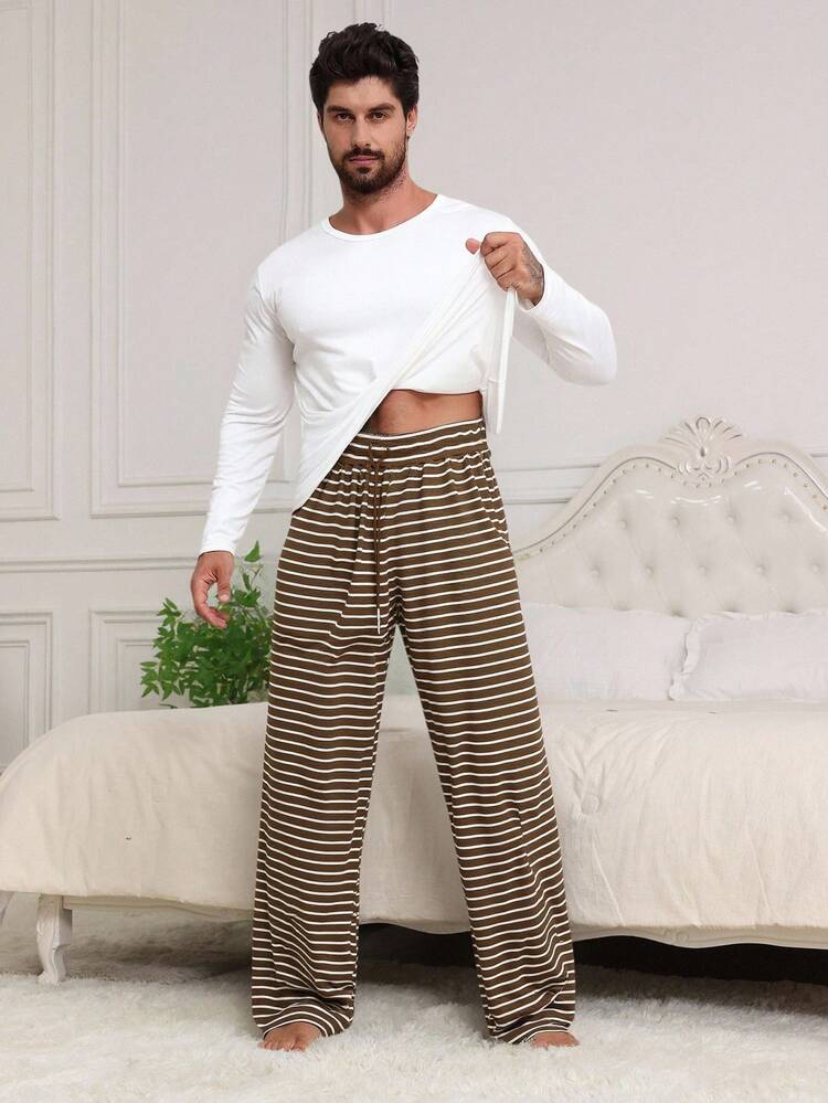 Men's Striped Loose Fit Lounge Pants, Suitable For Spring And Autumn