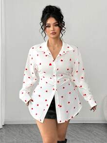 Elenzga Langarm Shirt mit Herzprint und geraffter Taille für Damen in Große Größen, Tailliertes Design für Ausgänge und Dates, Valentinstag - Weiss - Übersicht 3