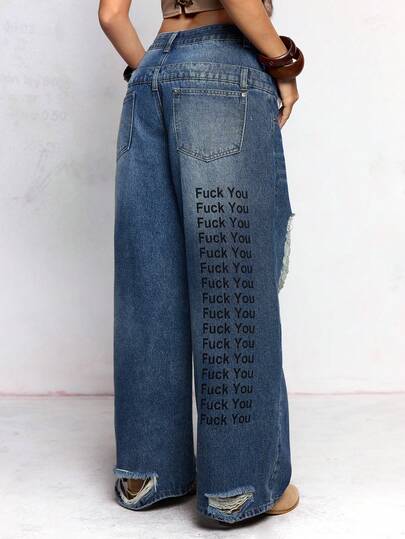 ROMWE Avant Jeans casual con vestibilità ampia, effetto consumato e slavato, con slogan