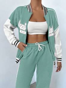 EURMUSE Women's Letter Print Long Sleeve Zip-Up Collar Sweatshirt And Pants Casual 2 Pieces Set - Mint Green - View 6