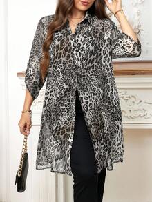 Reflora 大码女式豹纹袖口单排扣休闲时尚衬衫 - 灰色 - 查看 1