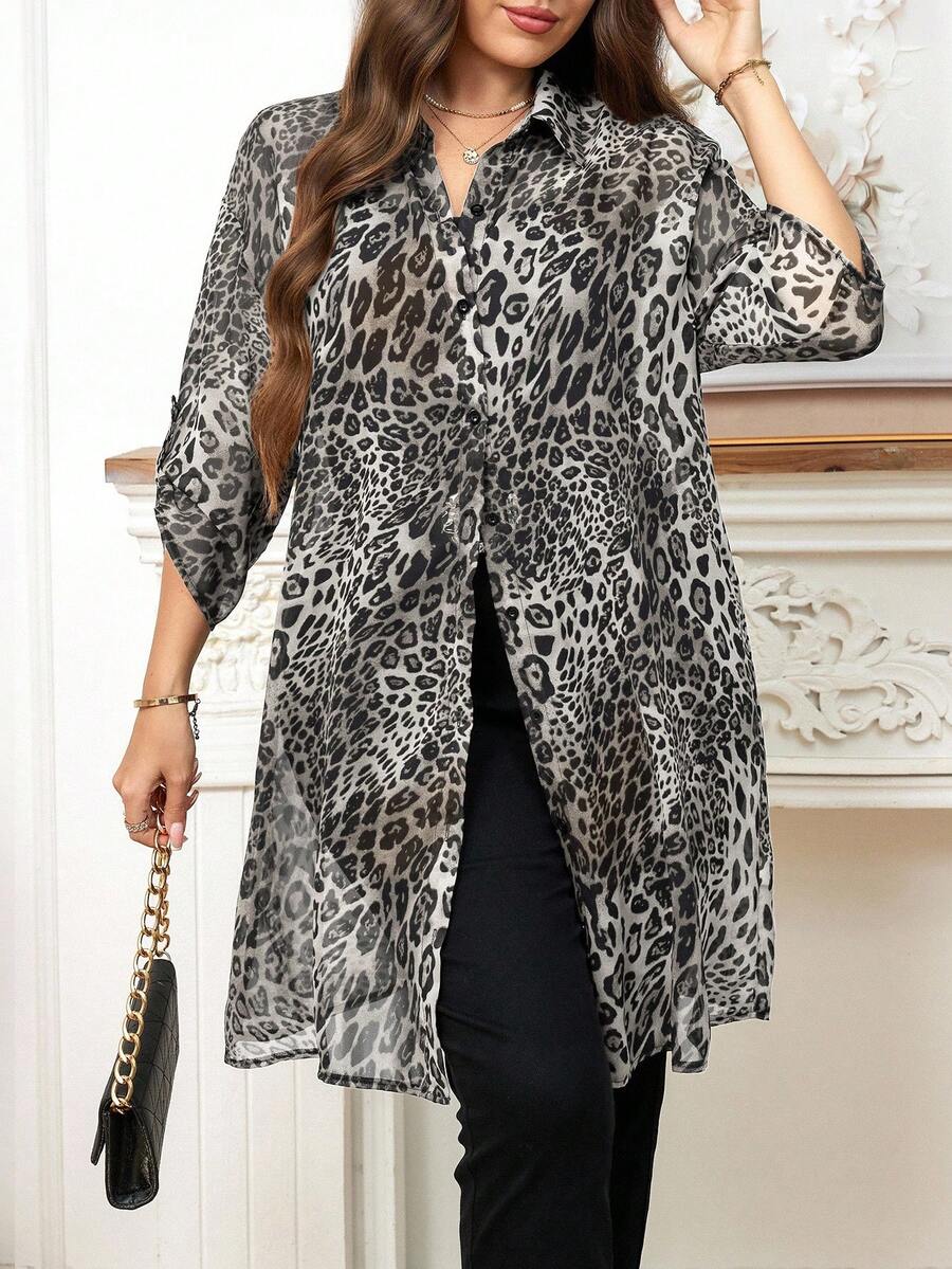 Reflora 大码女式豹纹袖口单排扣休闲时尚衬衫 - 灰色 - 查看 1