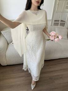 Feyla 新款复古法式薄纱蕾丝连衣裙，优雅显瘦，高端休闲/度假/派对服饰 - 杏色 - 查看 3