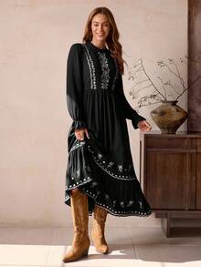 LanaWest Đầm Maxi Dài Tay Cổ Tròn Viền Ren Viền Xếp Ly Màu Nâu Mới Cho Nữ, Dáng Chữ A, Cổ Điển, Thêu Viền Phồng, Phong Cách Bohemian Thường Ngày, Thu/Đông - màu đen - Xem 5