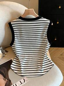 GlowEve Camiseta de tirantes casual de mujer con cuello de ojo de cerradura y diseño de botones a rayas - Blanco y Negro - Ver 2