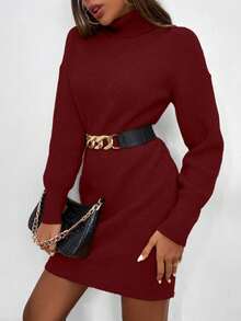 Islaluna Women's Solid Color High Neck Drop Shoulder Long Sleeve Knitted Dress, Autumn/Winter - Rose Red - View 3