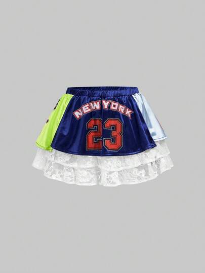 J-Fashion Mini-jupe pour femmes avec imprimé numérique sportif, patchwork de strass et couleurs contrastées