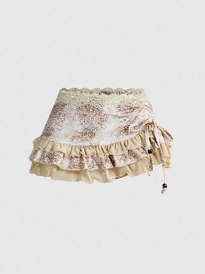 Hippie Minifalda con estampado de ciervos, cintura baja, con encaje, volantes y lazo, estilo vintage y sexy para mujeres