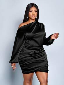 SOLERSUN Vêtements d'hiver pour femmes Vêtements de vacances Robe courte de soirée en satin à manches bouffantes asymétriques et col plissé pour femmes de grande taille, couleur verte, tenue d'automne, vêtements d'hiver - Noir - Voir 5