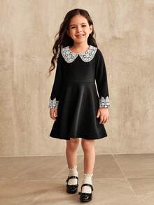 SHEIN Young Girl Contrast Lace Peter Pan Collar Long Sleeve Cute Dress - Black - View 4