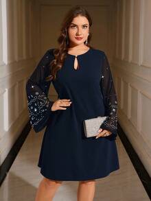 Gownix Plus Size Women Elegant Rhinestone Embellished Dress, Suitable For Autumn And Winter