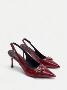CUCCOO BIZCHIC 尖头细高跟酒红色后跟多带时尚通勤百搭女士高跟穆勒鞋 - 酒紅色 - 查看 6