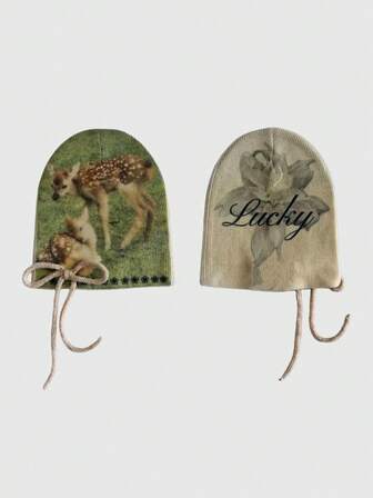 Fairycore قبعة محبوكة ذات قرن مزدوج الوجه مطبوعة بنمط الأيل والزهور، تصميم أنيق وبسيط متعدد الاستخدامات للنساء، مناسبة للاستخدام اليومي والمدرسة والحفلات والتسوق